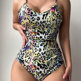 Swim Traje De Bano De Una Sola Pieza Para Mujer Con Estampado De Leopardo Y Tirantes