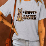 LUNE Camiseta De Manga Corta Cuello Redondo Con Estampado De Letra Y Estampado De Leopardo De Conejo, Perfecta Para Pascua