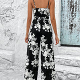 VCAY Floral Printed Hollow Out With Belt Wide Leg Jumpsuit