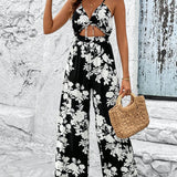 VCAY Floral Printed Hollow Out With Belt Wide Leg Jumpsuit