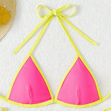 Swim Mod Tapa de bikini de triangulo de verano para mujeres, traje de bano para playa con ribete de neon en contraste, traje de bano de verano