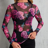 Clasi Blusa Larga Con Cuello De Pie Y Estampado Floral Transparente Para Mujer