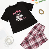 Conjunto De Pijama De Manga Corta Con Estampado De Dibujos Animados Y Letras Y Pantalones A Cuadros