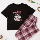 Conjunto De Pijama De Manga Corta Con Estampado De Dibujos Animados Y Letras Y Pantalones A Cuadros