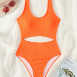 Swim Traje de bano de una pieza con cuello redondo ajustado y textura solida, con detalles calados para la playa de verano