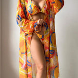 Kimono De Mujer Con Patron De Impresion Completa, Detalles De Nudos En Los Lados Y Mangas Acampanadas, Traje De Bano De Tres Piezas, Conjunto De Bikini Para La Playa, Ropa De Bano Para El Verano