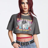 ROMWE Grunge Punk Camiseta Corta De Manga Corta Con Diseno Impreso De Alas Para Mujeres