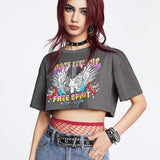 ROMWE Grunge Punk Camiseta Corta De Manga Corta Con Diseno Impreso De Alas Para Mujeres