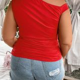 EZwear Women's Plus Size Solid Color Asymmetric Neck Slim Fit T-Shirt