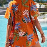 VCAY 3 Piezas/set Camisa De Mangas Cortas Estampada Con Plantas Tropicales Para Mujeres, Top Recortado Y Shorts Para Vacaciones En La Playa