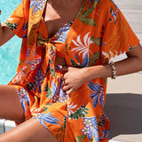 VCAY 3 Piezas/set Camisa De Mangas Cortas Estampada Con Plantas Tropicales Para Mujeres, Top Recortado Y Shorts Para Vacaciones En La Playa