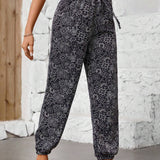 LUNE Pantalones Casuales Con Cintura Elastica, Punos Elasticos Y Cordon Decorativo Estampados