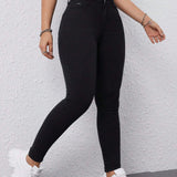 EZwear Jeans Ajustados De Mujer De Color Solido Simple Con Bolsillos