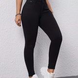 EZwear Jeans Ajustados De Mujer De Color Solido Simple Con Bolsillos