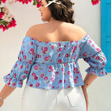 Blusa Floral Para Mujeres De a Grande Con Hombros Descubiertos Con Dobladillo De Volantes Y Cinturon