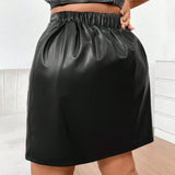 EZwear Plus Size Solid Color Skirt With Elastic Waist & Bear Print