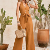 VCAY Solid Color Textured Halter Wide Leg Jumpsuit