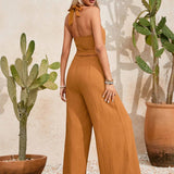 VCAY Solid Color Textured Halter Wide Leg Jumpsuit