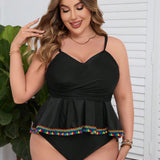 Swim Curve Conjunto tankini de talla grande con detalles de borlas y dobladillo con volantes