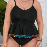 Swim Curve Conjunto tankini de talla grande con detalles de borlas y dobladillo con volantes