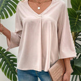 Camisa De Mujer Con Cuello En V Y Mangas Enrollables