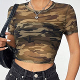 EZwear Top De Malla De Punto Con Cuello Redondo En Camuflaje Para Mujeres