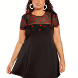 CURVE+ Women's Plus Size Black Mesh & Heart Design Round Neck Skirt