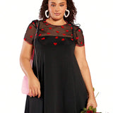 CURVE+ Women's Plus Size Black Mesh & Heart Design Round Neck Skirt