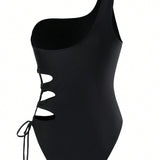 Swim Vcay Monokini De Una Pieza Con Hombro Descubierto Y Hueco, unicolor, Para Verano, Playa, Natacion, Vacaciones