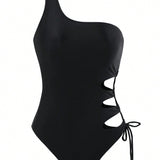 Swim Vcay Monokini De Una Pieza Con Hombro Descubierto Y Hueco, unicolor, Para Verano, Playa, Natacion, Vacaciones