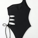 Swim Vcay Monokini De Una Pieza Con Hombro Descubierto Y Hueco, unicolor, Para Verano, Playa, Natacion, Vacaciones