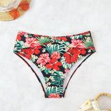 Swim Vcay Fondo De Bikini Impreso De Flores Y Plantas Rosa Roja Para Mujeres, Ideal Para Verano, Playa, Natacion