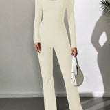 Tall Solid Color Square Neckline Long Sleeve Flared Jumpsuit