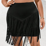 EZwear Plus Size Solid Color High Waist Fringed Mini Skirt