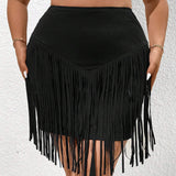 EZwear Plus Size Solid Color High Waist Fringed Mini Skirt