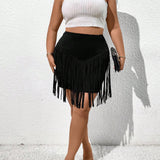 EZwear Plus Size Solid Color High Waist Fringed Mini Skirt