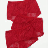 3 Piezas De Panties De Encaje Sin Costuras De Color Solido De Talla Grande