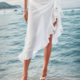 VCAY Falda midi de estilo de vacaciones para mujer con detalles de encaje y ribetes de volantes anudados