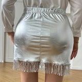 Frenchy Plus Size Solid Color Elastic Waist Fringed Hem Skirt