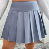 EZwear Plus Size Solid Color Wide Waistband Pleated Skirt