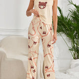 Conjunto De Pijama Para Mujer Con Camiseta Con Estampado De Oso Y Pantalon Largo