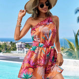 VCAY Holiday One Shoulder Tropical Print Jumpsuit With Elastic Waist