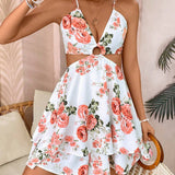 VCAY Floral Print Hollow Out Loose Jumpsuit
