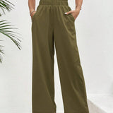 VCAY Pantalones Rectos Con Cintura Elastica De Color Solido