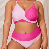 Swim Curve Conjunto de bikini de talla grande con bloque de color y decoracion de imitacion de perlas