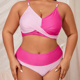 Swim Curve Conjunto de bikini de talla grande con bloque de color y decoracion de imitacion de perlas