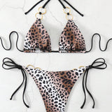 Conjunto De Bikini Con Estampado De Leopardo Y Cuello Halter Para Mujer Con Correa Desmontable (impresion Aleatoria)