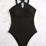 Swim Traje De Bano De Una Pieza De Cuello Halter Cruzado De Color Solido Para Mujeres