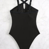 Swim Traje De Bano De Una Pieza De Cuello Halter Cruzado De Color Solido Para Mujeres