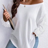 Plus Size Asymmetric Neck Long Sleeve T-Shirt With Faux Pearl Beaded Detail